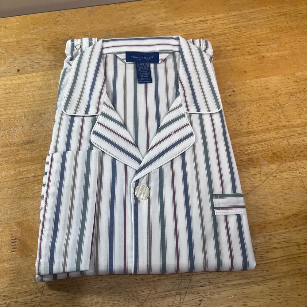 Towncraft Pajama Top Mens XL Tall White Striped Vtg Long Sleeve Button Up Pocket